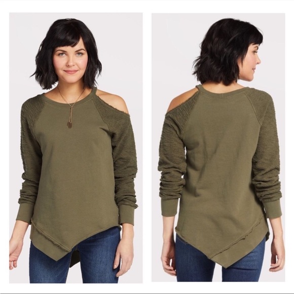 Evereve Redhaute Cutout One Shoulder Asymmetrical Pullover Sweatshirt Green XS - Picture 2 of 6
